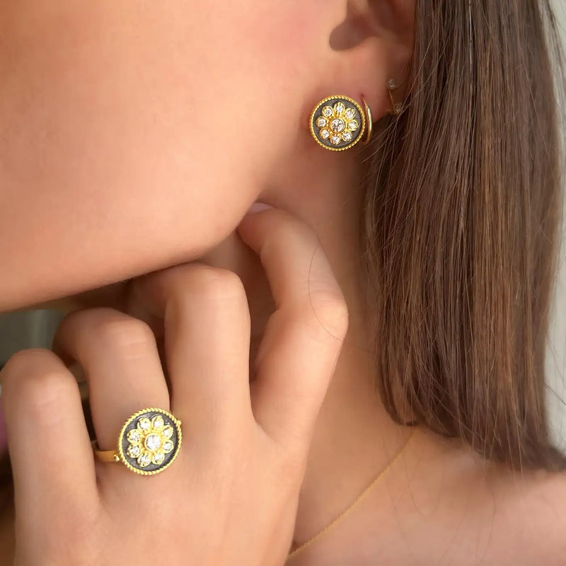 Georgios Collections 18 Karat Yellow Gold Flower Blue and White Diamond Earrings