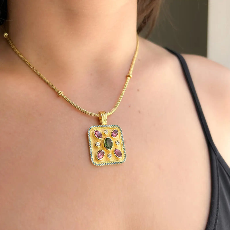 Georgios Collections 18 Karat Yellow Gold Tourmaline and Blue Diamond Pendant