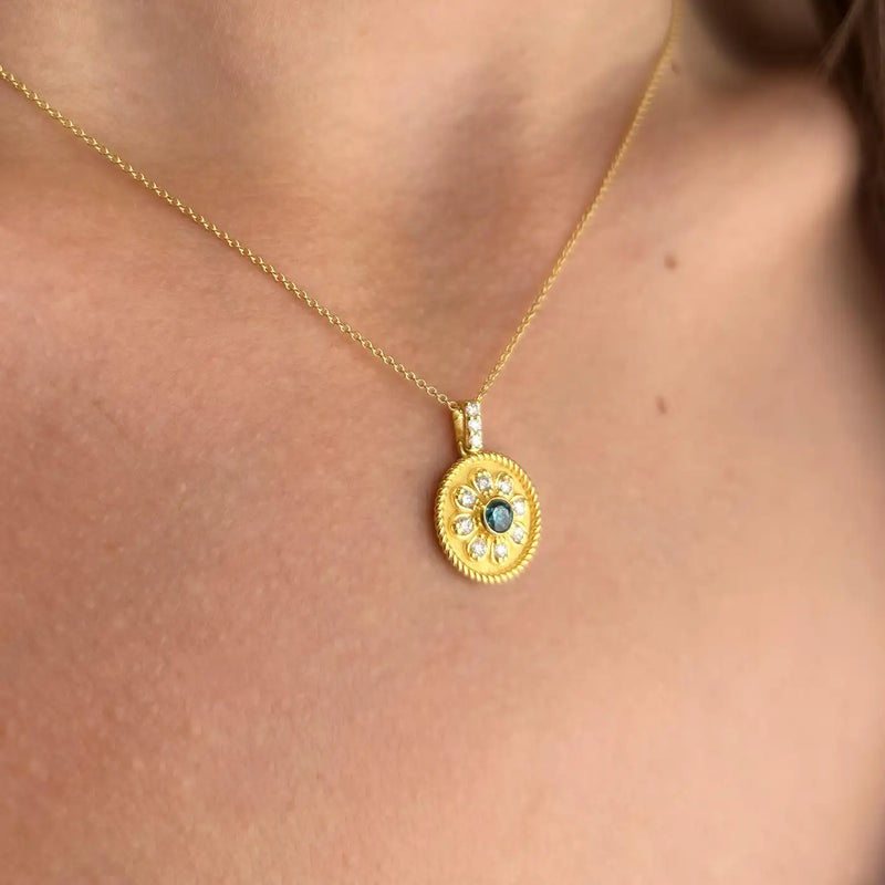 Georgios Collections 18 Karat Yellow Gold Flower Blue and White Diamond Pendant