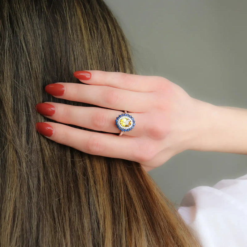Georgios Collections 18 Karat White Gold Oval Yellow Sapphire Ring with Diamonds
