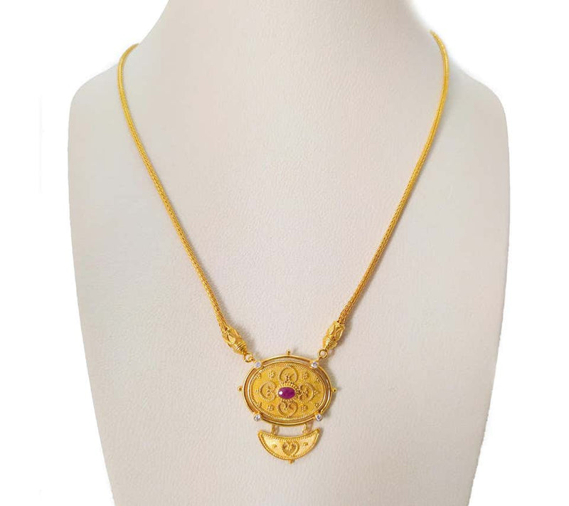 18 Karat Yellow Gold Diamond Ruby Drop Pendant Necklace