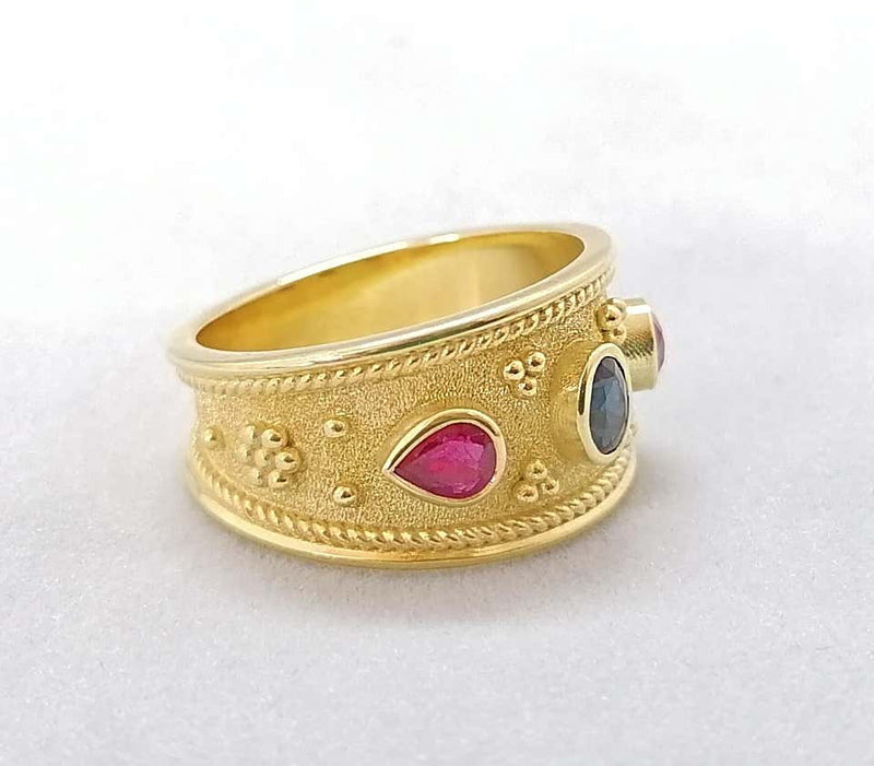 18 Karat Yellow Gold Sapphire and Ruby Byzantine Band Ring