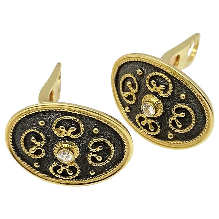 18 Karat Yellow Gold Diamond Earrings in Byzantine Style