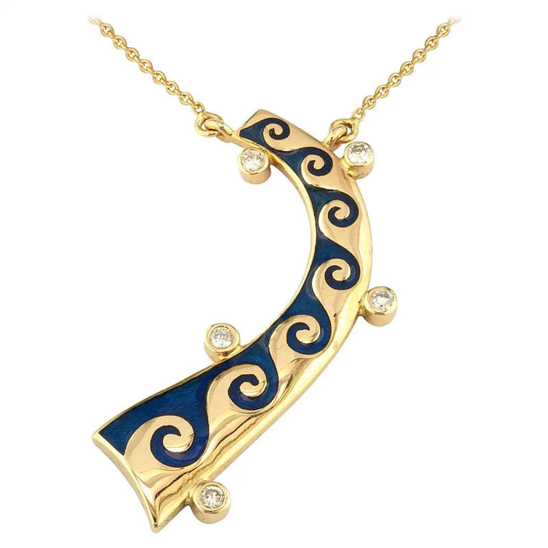 18 Karat Yellow Gold Diamond Blue Wave Pendant Necklace