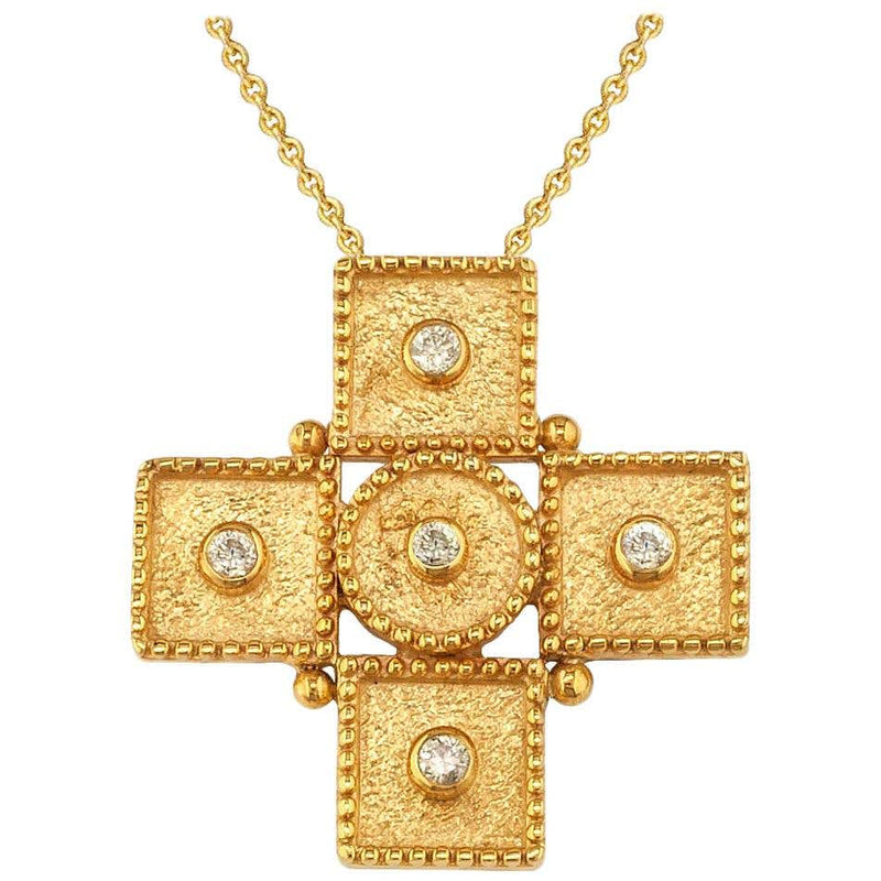 18 Karat Yellow Gold Diamond Geometric Cross Chain Necklace
