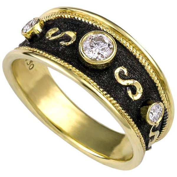 18 Karat Yellow Gold Diamond Band Ring with Black Rhodium