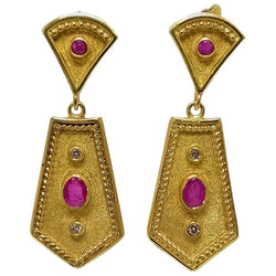 18 Karat Yellow Gold Diamond Ruby Etruscan-Style Earrings