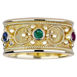 18 Karat Gold Byzantine Ring with Ruby Sapphire Emerald