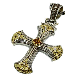 18 Karat Gold and Silver Diamond and Sapphire Cross Pendant