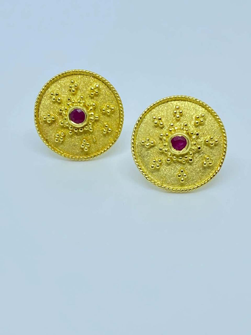 18 Karat Yellow Gold Ruby Byzantine Round Stud Earrings