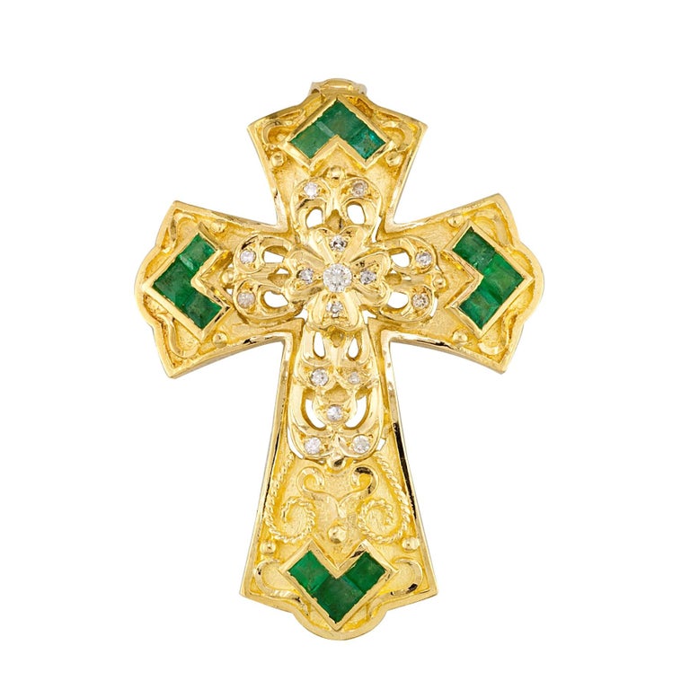 18 Karat Yellow Gold Diamond and Emerald Granulated Cross