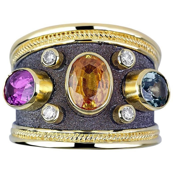 18 Karat Yellow Gold Multi Color Sapphire and Diamond Ring