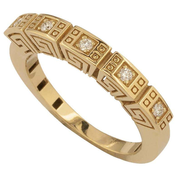 18 Karat Yellow Gold Diamond Greek Key Thin Band Ring