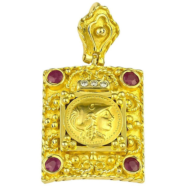 18 Karat Yellow Gold Diamond Ruby Coin Pendant of Athena