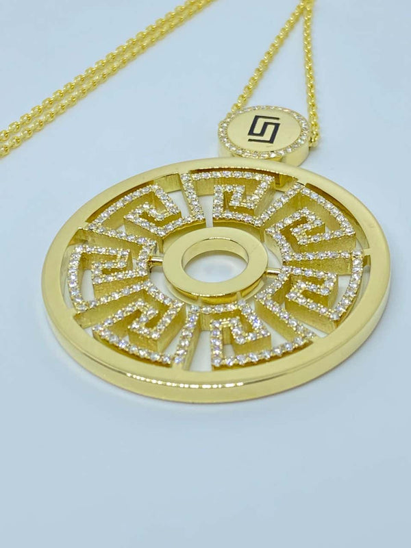 18 Karat Yellow Gold Diamond Greek Key Round Drop Pendant