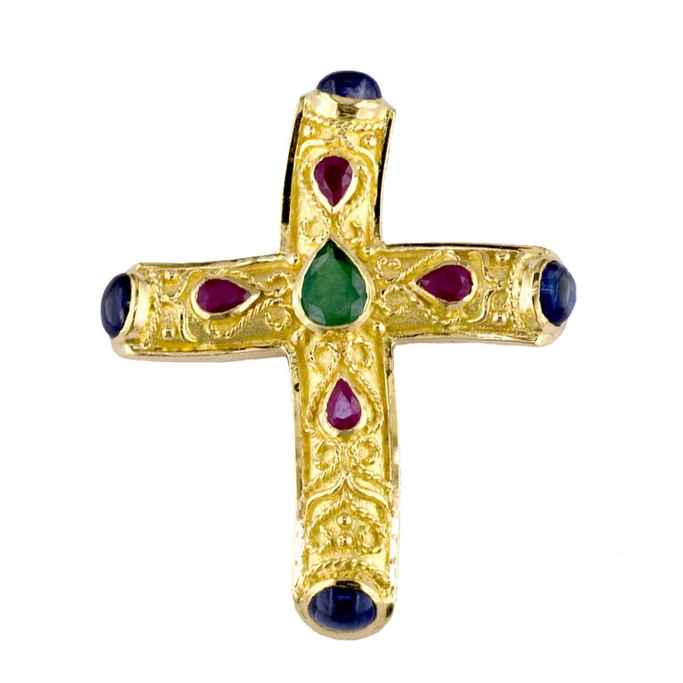 18K Gold Cross with Sapphire - GREEK ROOTS Byzantine Cross Jewelry