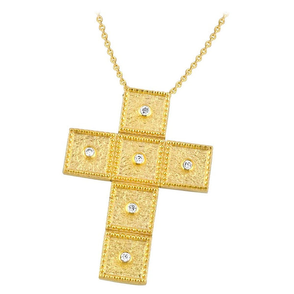 18 Karat Gold Diamond Cross With Chain and Granulation work