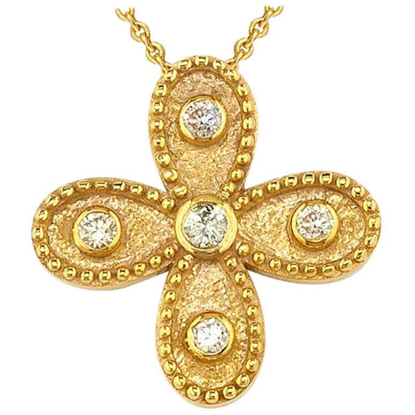18 Karat Yellow Gold Diamond Cross Chain Pendant Necklace