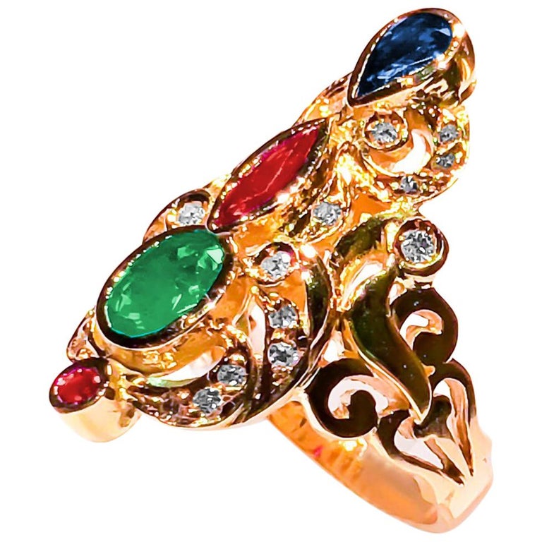 18 Karat Yellow Gold Diamond Emerald Ruby Sapphire Ring