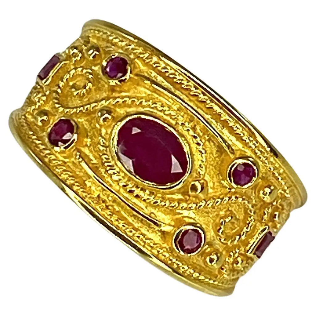 18 Karat Yellow Gold Byzantine Style Ruby and Diamond Ring