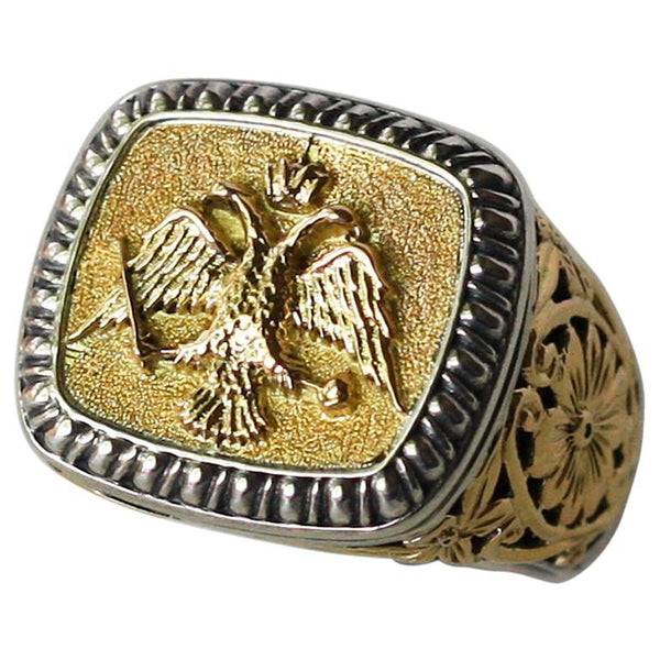 18 Karat Gold and Silver Ring with Double Headed Eagle