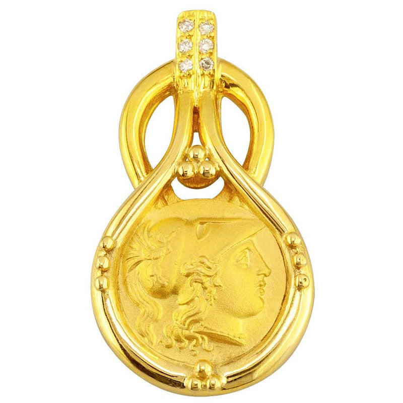 18 Karat Gold Diamond Coin Pendant of Goddess Athena
