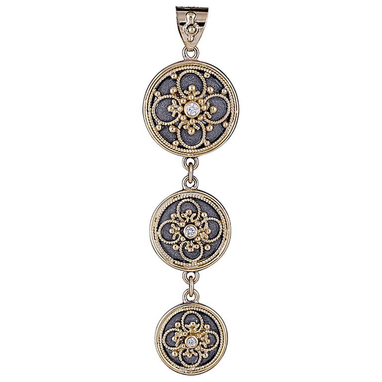 18 Karat Gold Byzantine Pendant With Diamonds And Rhodium