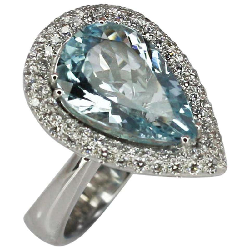 18 Karat White Gold Pear Cut Aquamarine and Diamond Ring
