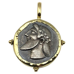 18 Karat Gold Pendant Necklace with Silver Coin of Dionisos