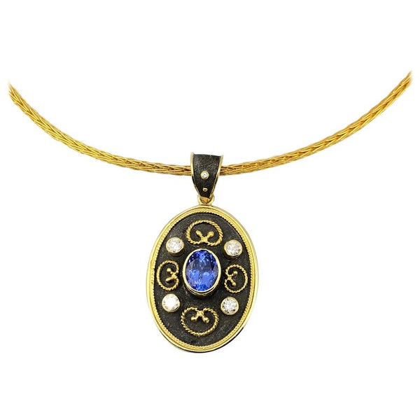 18 Karat Yellow Gold Tanzanite and Diamond Pendant Necklace