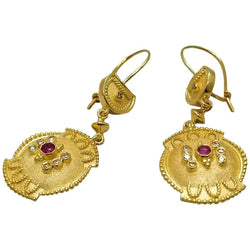 18 Karat Yellow Gold Diamond Ruby Dangle Drop Earrings