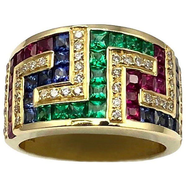 18 Karat Yellow Gold Greek Key Ruby Sapphire Emerald Ring