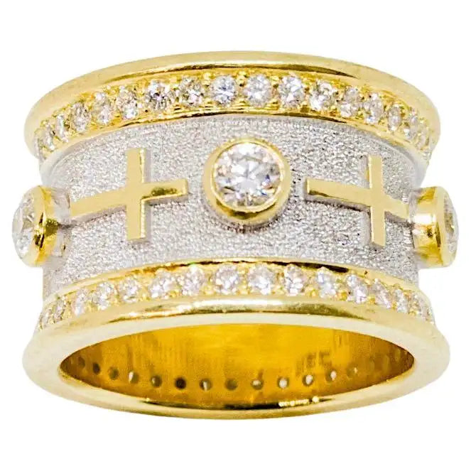 Georgios Collections 18 Karat Yellow Gold Band Ring with Diamonds and Crosses