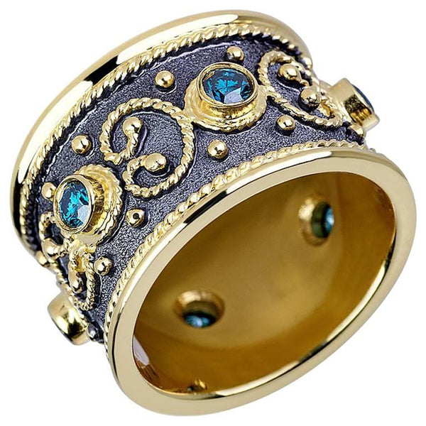 18 Karat Yellow Gold Diamond Band Ring with Blue Diamonds