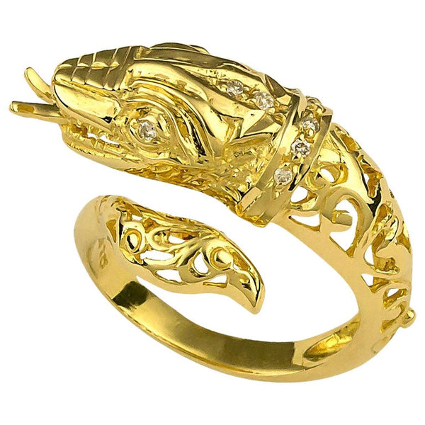 18 Karat Yellow Gold Diamond Snake Ring Carved by Hand