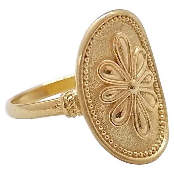 18 Karat Yellow Gold Oval Byzantine-Style Flower Band Ring