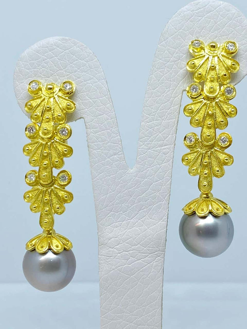 18 Karat Yellow Gold Diamond South Sea Pearl Drop Earrings
