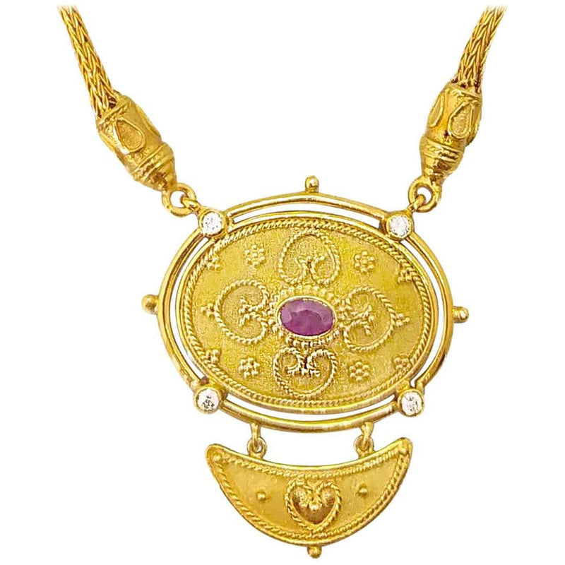 18 Karat Yellow Gold Diamond Ruby Drop Pendant Necklace