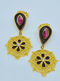 18 Karat Yellow Gold Enamel Diamond and Ruby Drop Earrings
