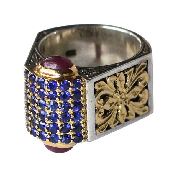 18 Karat Gold and Silver Ring with Sapphire and Tourmalines