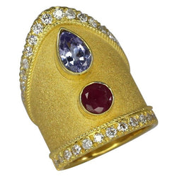 Yellow Gold Tanzanite Ruby Diamond Ring in Byzantine Style