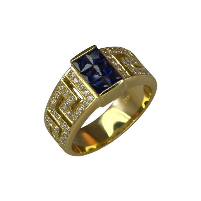 18 Karat Yellow Gold Diamond and Sapphire Greek Key Ring