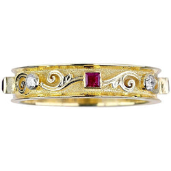 18 Karat Yellow Gold Thin Diamond Ruby Handmade Band Ring