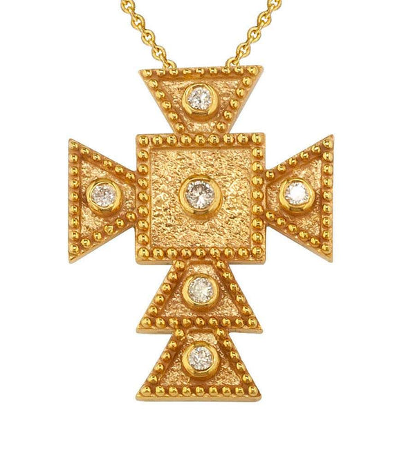 18 Karat Yellow Gold Diamond Square Small Cross and Chain