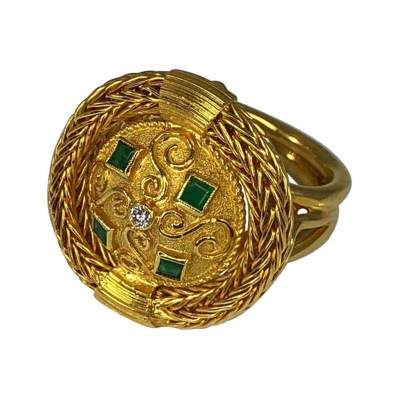 18 Karat Yellow Gold Diamond and Emerald Ring with Rope
