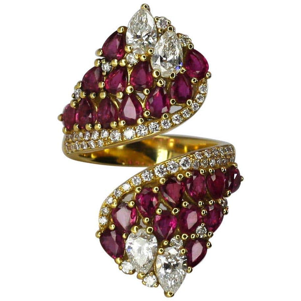 18 Karat Yellow Gold Pear Shape Ruby and Diamond Ring