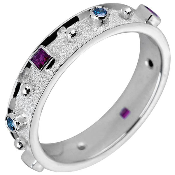 18 Karat White Gold Band Ring with Rubies and Blue Diamonds
