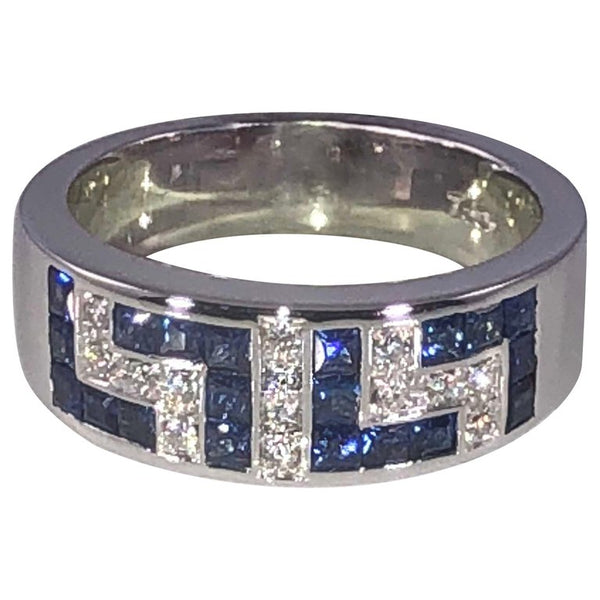 18 Karat White Gold Diamond and Sapphire Greek Key Ring