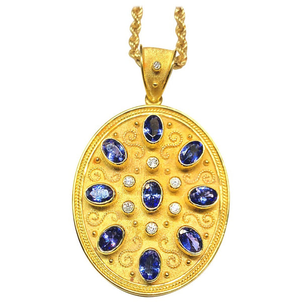 18 Karat Yellow Gold Tanzanite and Diamond Necklace Pendant
