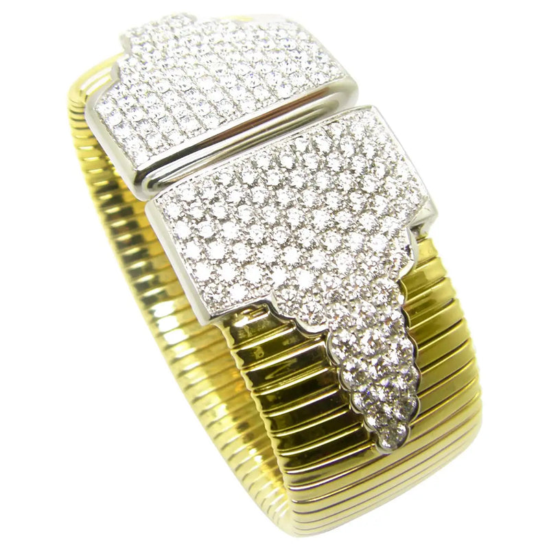 18 Karat Yellow Gold Wide Flexible Diamond Cuff Bracelet